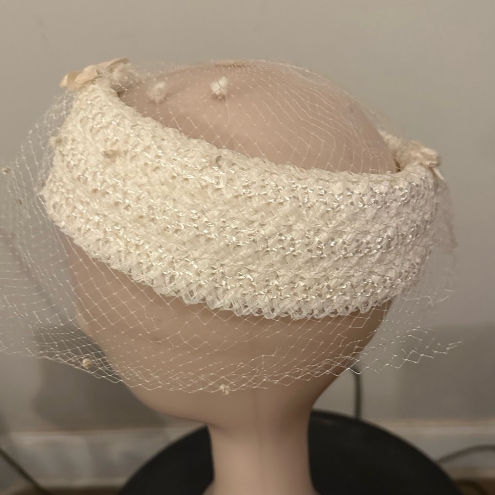 Ivory Bouclé Pillbox Hat with Birdcage Veil